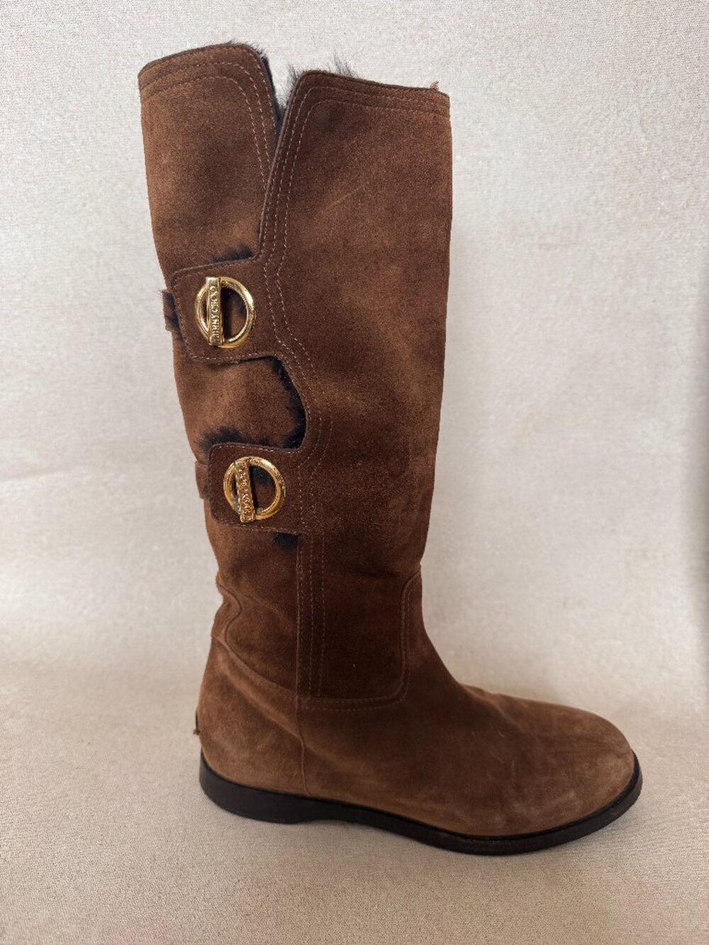 Jimmy Choo Brown Suede Biker Boots Gold Buckle Knee High Moto Sz 7